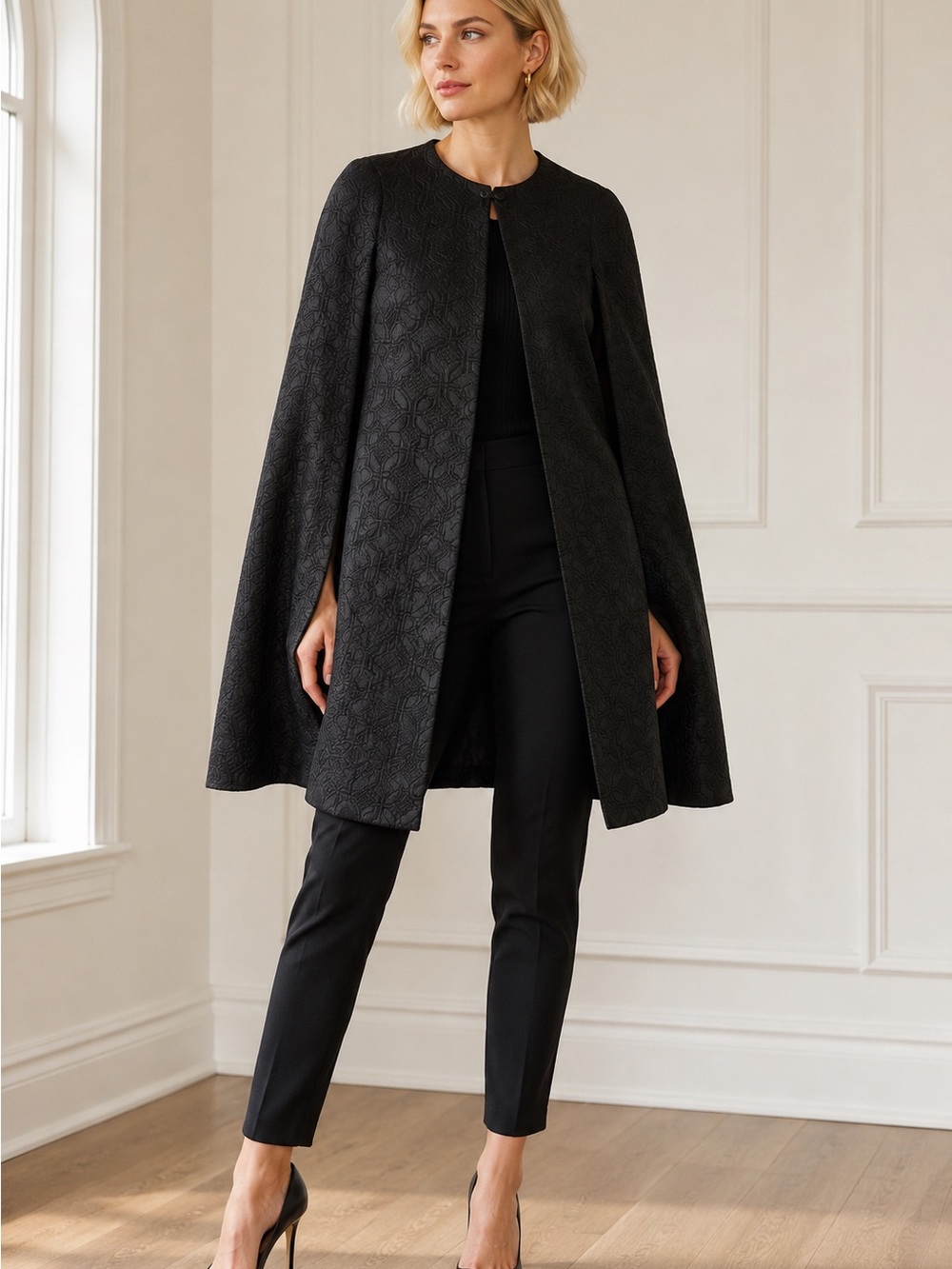 🖤MAKE OFFER🖤 NWT Leon Max Studio Black Textured Cape Mod Coat Med Large $398